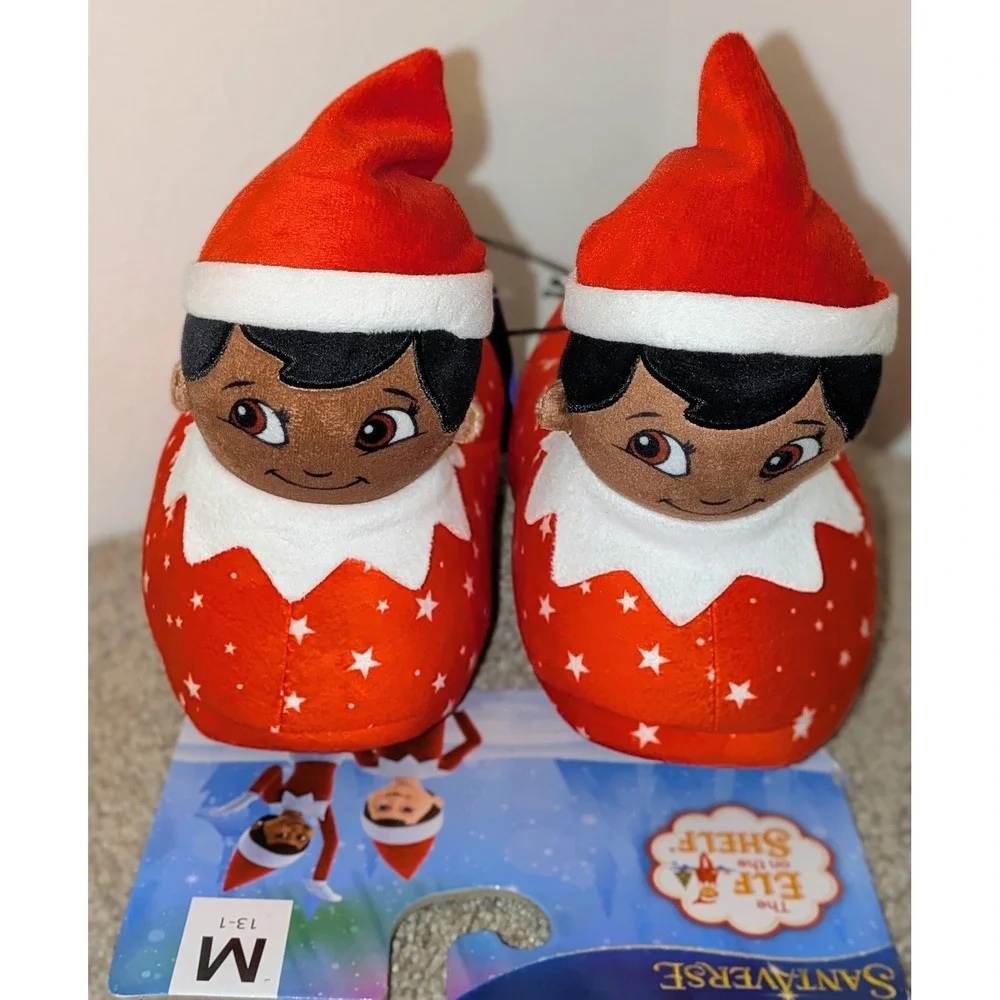 Elf on the Shelf Slippers Kids Size M (13-1) Red Star Plush Santasverse Holiday